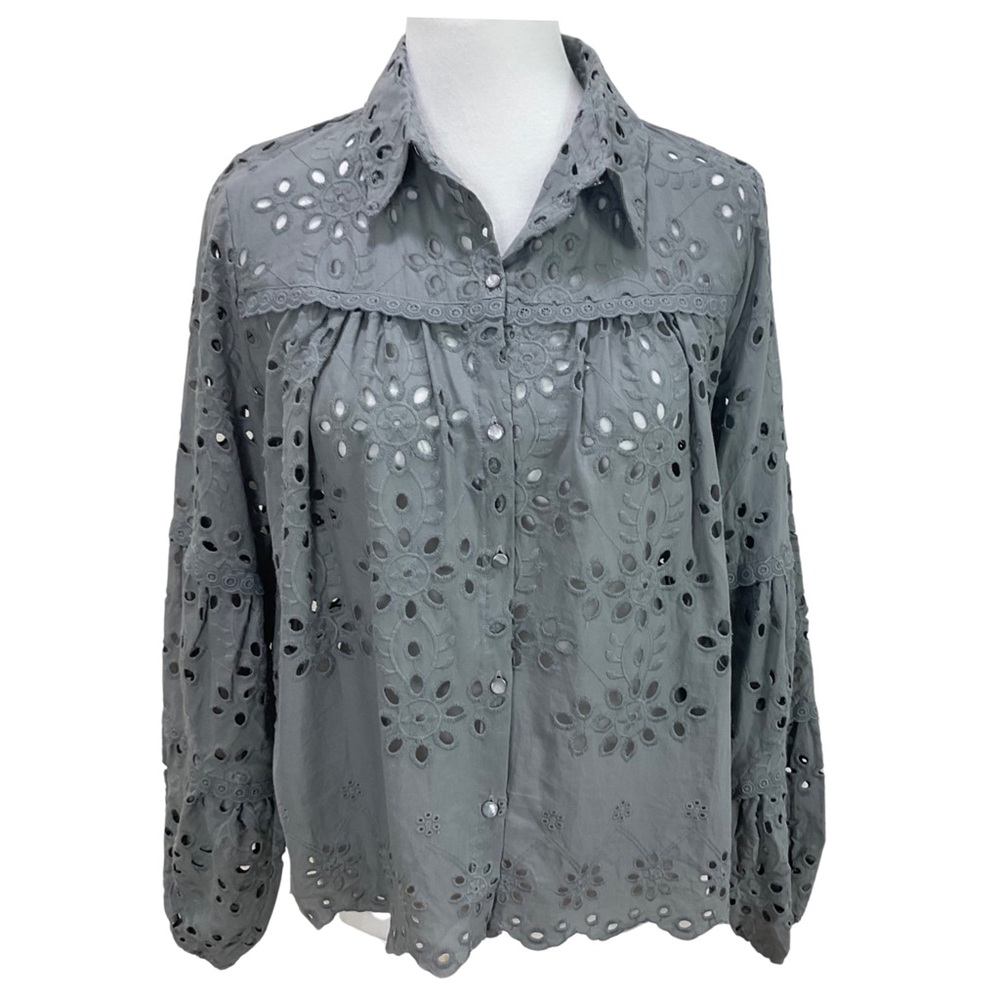 Shabby Chic Eyelet Button Down Cotton Shirt Size S
